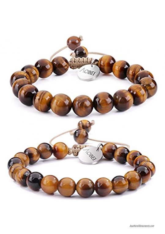 2PCS Gemstone Beaded Couple Bracelet 8MM/10MM Round Beads Healing Reiki Macrame Adjustable Jewelry for Men Women by Aobei