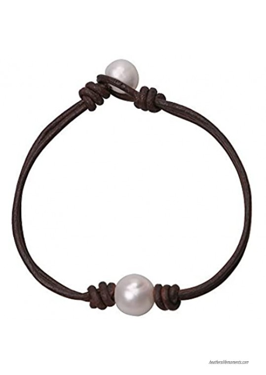 Big White Freshwater Cultured Pearls Bracelet 2 Strands Pearl Leather Cord Jewelry Handmade 8 inches