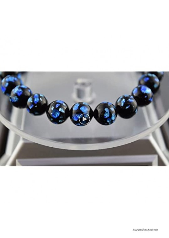 Black Onyx & Pink Blue Ryukyu Fluorite Glass Bracelet Gemstone Elastic Stretch Bracelet Japan Juzu Buddhist Prayer beads Gifts