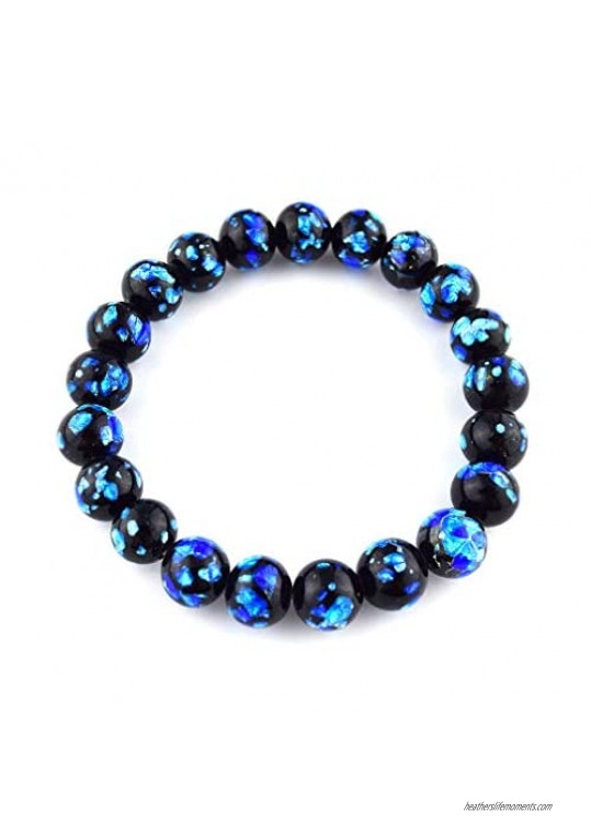 Black Onyx & Pink Blue Ryukyu Fluorite Glass Bracelet Gemstone Elastic Stretch Bracelet Japan Juzu Buddhist Prayer beads Gifts
