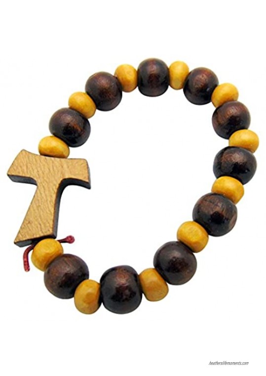 CB Catholic Tau Cross of Saint Francis Wooden Beads Rosary Bracelet Christian Fashion