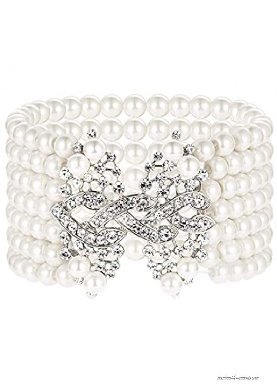 Coucoland 1920s Flapper Pearl Bracelet Great Gatsby Elastic Imitation Pearl Bracelet Art Deco Pearl Bracelet Roaring 20s Accessories Jewelry 7 Rows