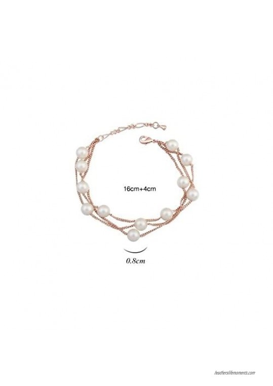 Crystalline Azuria Multi Strand Rose Gold Bracelet with Swarovski Crystal Simulated White Pearls 18K Rose Gold Plated bracelet for Women 7.6