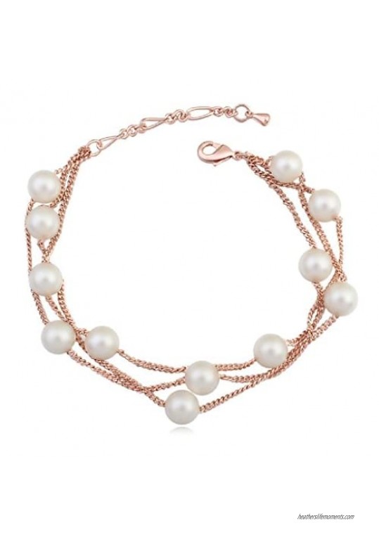 Crystalline Azuria Multi Strand Rose Gold Bracelet with Swarovski Crystal Simulated White Pearls 18K Rose Gold Plated bracelet for Women 7.6"