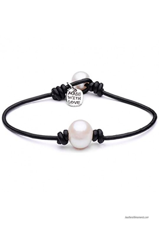 Cultured Freshwater Single Pearl Bracelet Handmade Genuine Leather Wrap Bracelet with Charm Jewelry 7.8''