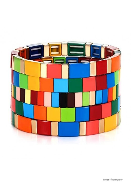 Enamel Tile Bracelet Bohemian Rainbow Colorful Stretch Elastic Bracelet Rectangle Square Tile Beaded Colorblock Bracelet For Woman Man Gift