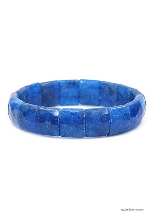 Gems Semi Precious 15mm Square Grain Faceted Beaded Stretchable Rock Crystal Bangle 7.5 Inch Unisex