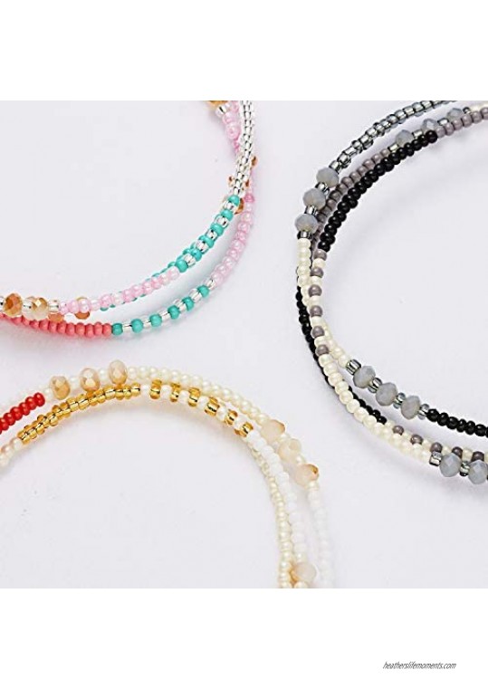HUNO Handmade Seed Beaded Bracelets Friendship Bracelets Adjustable Braided Strand String Multilayer Bangles Set