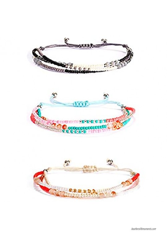 HUNO Handmade Seed Beaded Bracelets Friendship Bracelets Adjustable Braided Strand String Multilayer Bangles Set