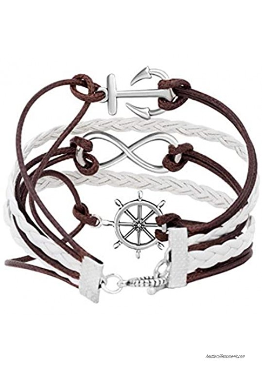 Infinite Memories Gypsy Boho Leather Wrap Charm Bracelets Anchor Boat Steering Wheel Navy Sailor Infinity Voyage Icons