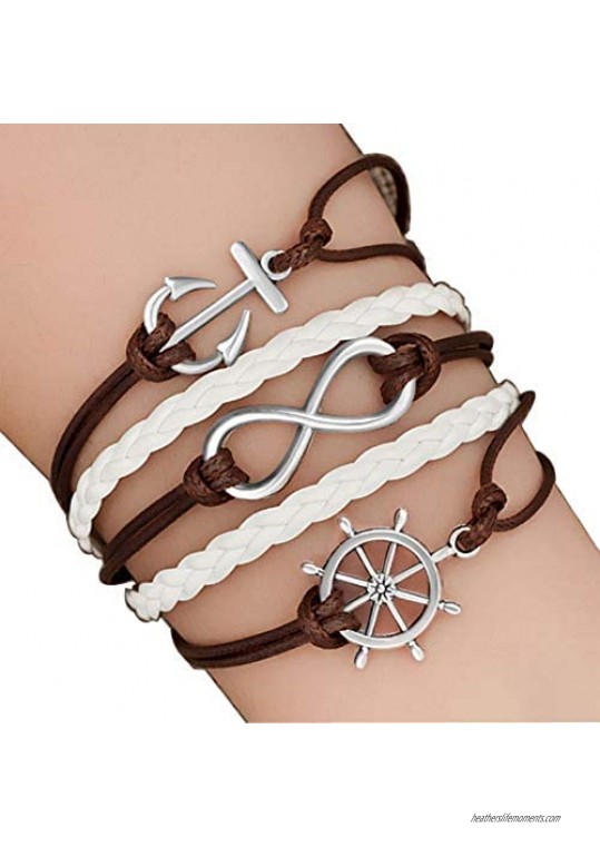 Infinite Memories Gypsy Boho Leather Wrap Charm Bracelets Anchor Boat Steering Wheel Navy Sailor Infinity Voyage Icons