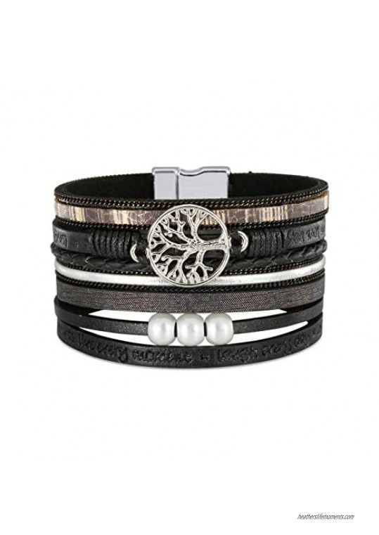 JOVIVI Tree of Life Leather Bracelets Handmade Wide Braided Multilayer Leather Bangle Wrap Wristbands Bohemian Jewelry for Women Girls Birthday Gifts