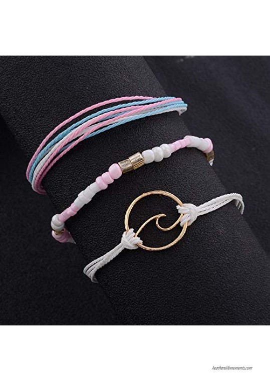 kelistom Handmade Braided Wax Rope Adjustable Strand Wrap Bracelet Set Waterproof Wave Shell Charm Stretch Knot String Thread Bracelets Friendship Jewelry (A)
