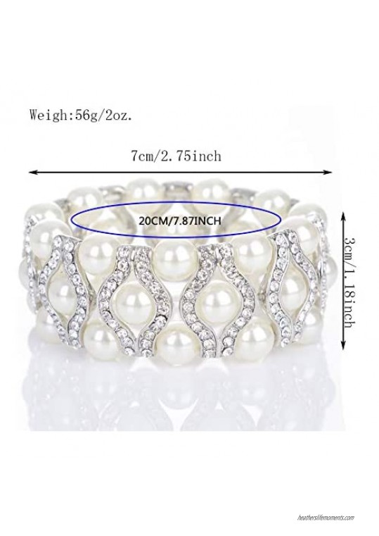 Pearl Stretch Bracelets 3-Rows Simulated Pearls and Eye Shaped Knot Austrian Crystal Elastic Stretch Bangle for Wedding