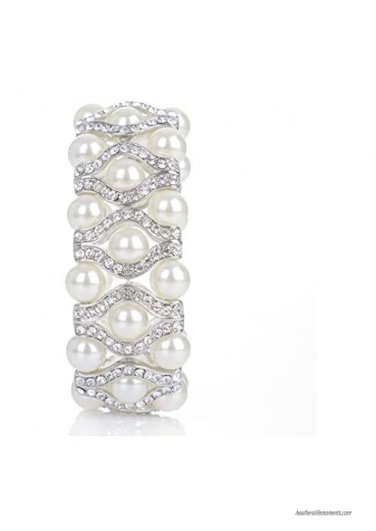 Pearl Stretch Bracelets 3-Rows Simulated Pearls and Eye Shaped Knot Austrian Crystal Elastic Stretch Bangle for Wedding