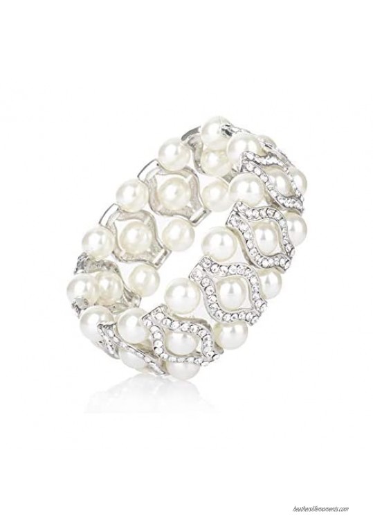 Pearl Stretch Bracelets   3-Rows Simulated Pearls and Eye Shaped Knot Austrian Crystal Elastic Stretch Bangle for Wedding