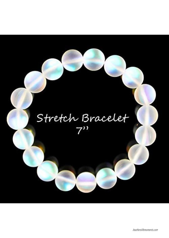 POMINA Frosted Iridescent Mystic Glass Bead Stretch Bracelet Holographic Mermaid Glass Bracelet Rainbow Aura Borealis Bead Bracelet for Women