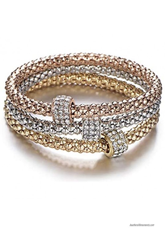 PORPI-JOJO 3PCS Gold Silver Rose Gold Tone Corn Chain Stretch Bracelets with Charms Multi Layer Bracelet for Women Girls