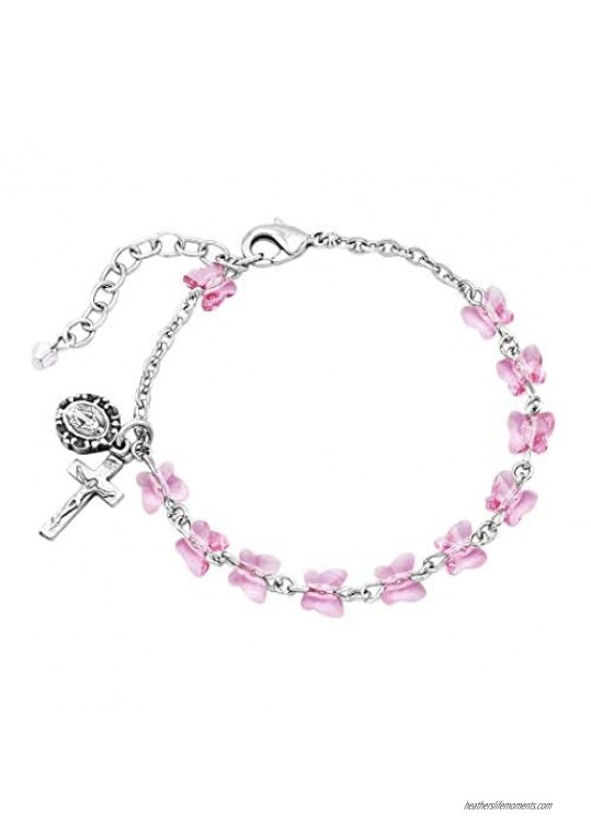 Rosemarie's Religious Gifts Women's Pink 6mm Swarovski Crystal Butterfly Bead Rosary Bracelet  6.5"-8" with 1.5" Extender