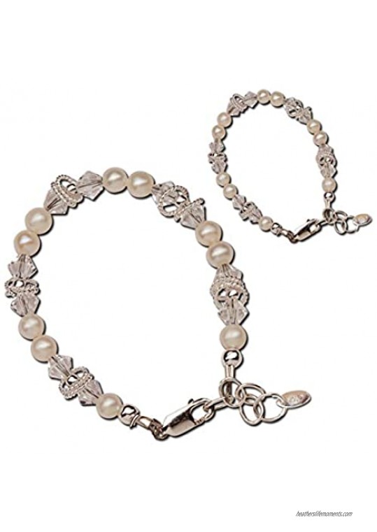 Sterling Silver Mom and Me Cultured Pearl Bracelet Set with High End Crystals for Mother and Daughter
