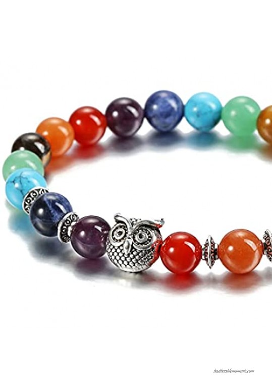Top Plaza 7 Chakra Stone Bead Bracelet Reiki Healing Yoga Meditation Anxiety Stretch Bracelets Owl Gifts for Women Men