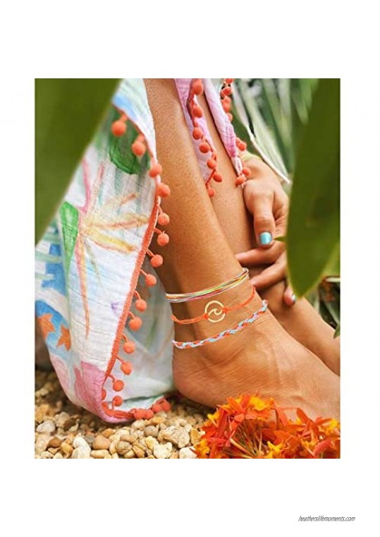 VSCO String Wave Ankle Bracelets for Women Sunflower Compass Moutain Waterproof Strand Anklets Bracelet Set for Teen Girls