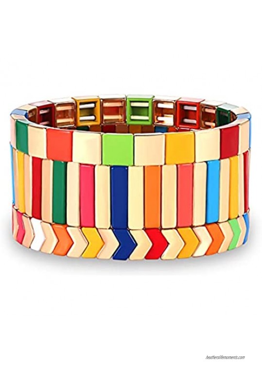 YAHPERN Enamel Tile Bracelet Set Multicolor Rainbow Tila Elastic Stretch Bracelets Bohemian Colorblocks Beaded Stackable Bangle Bracelet for Woman